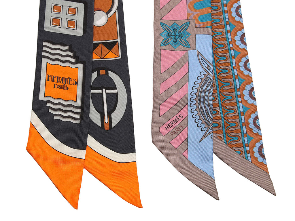 Hermès Carré en Boucles and Géométrie Crétoise Silk Twilly Pair
