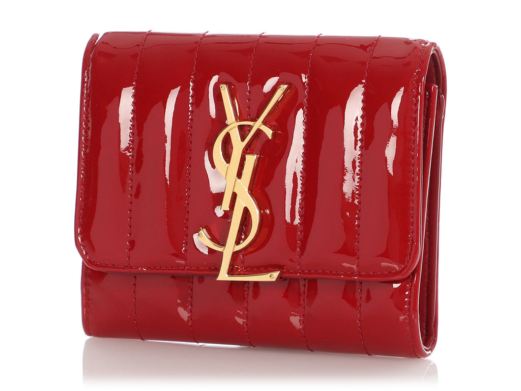 Saint Laurent Red  Quilted Patent Vicky Tri-Fold Wallet