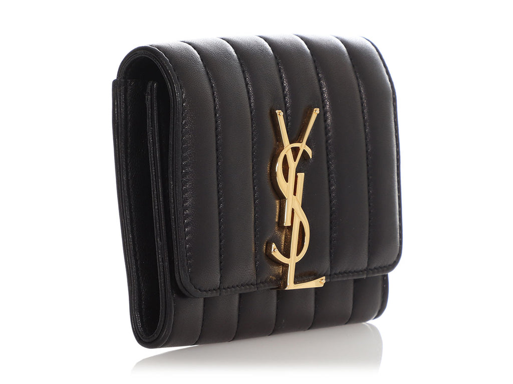 Saint Laurent Black Quilted Lambskin Monogram Vicky Wallet