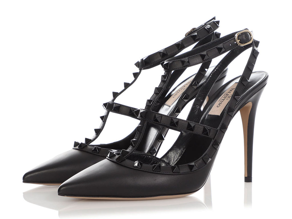 Valentino Matte Black Rockstud Ankle Strap Pumps