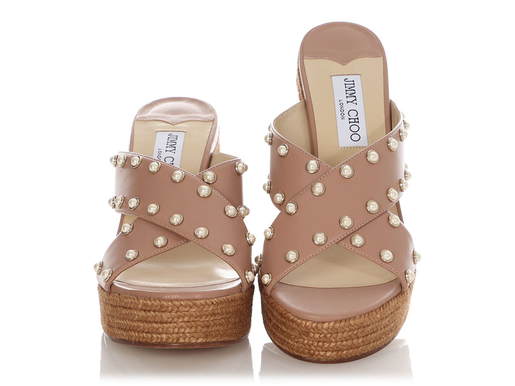 Jimmy Choo Ballet Pink Pearl Stud Jute Wedges