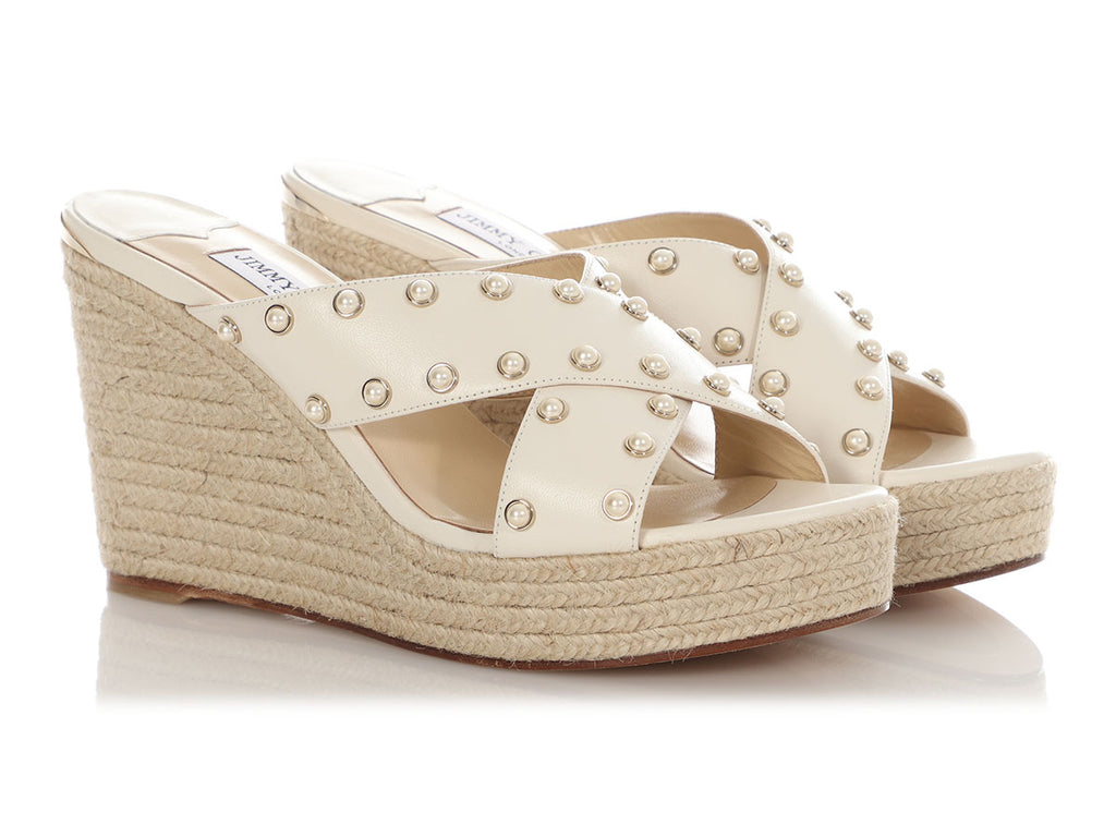 Jimmy Choo White Pearl Crossover Wedge Espadrilles