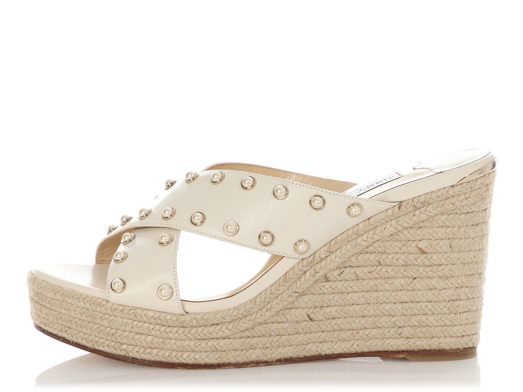 Jimmy Choo White Pearl Crossover Wedge Espadrilles