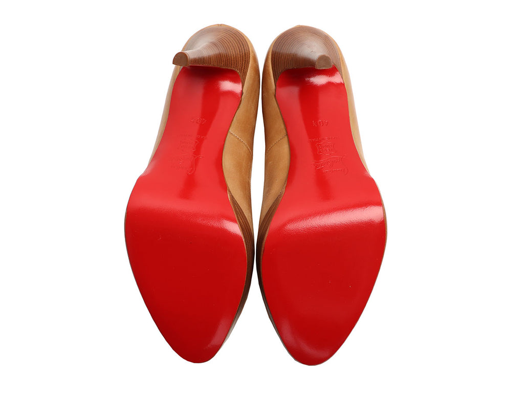 Christian Louboutin Tan Leather Peep Toe Stacked Heel Pumps