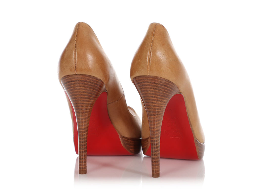 Christian Louboutin Tan Leather Peep Toe Stacked Heel Pumps