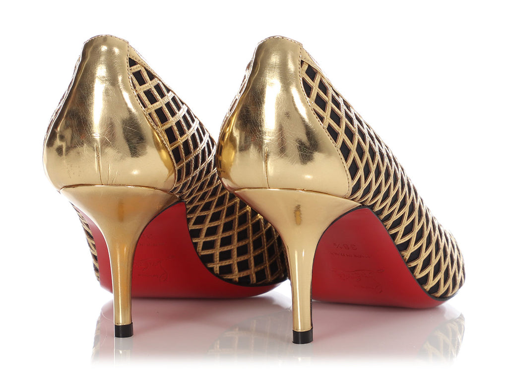 Christian Louboutin Black and Gold Net Peep Toe Pumps