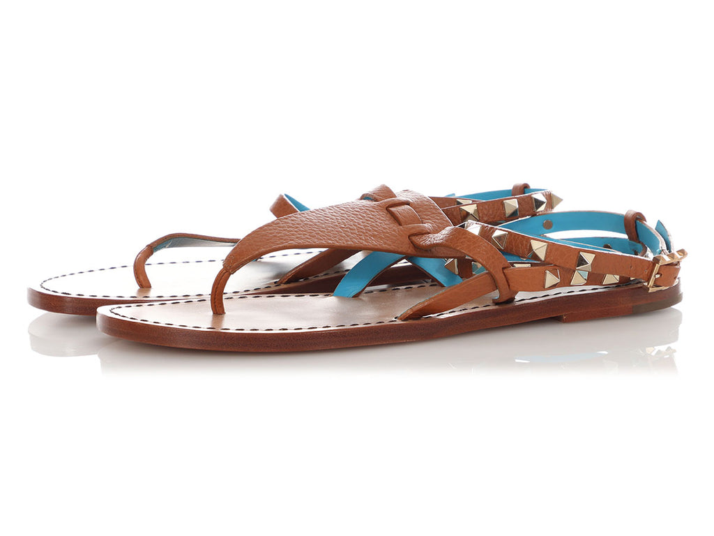 Valentino Brown Rockstud Gladiator Thong Sandals