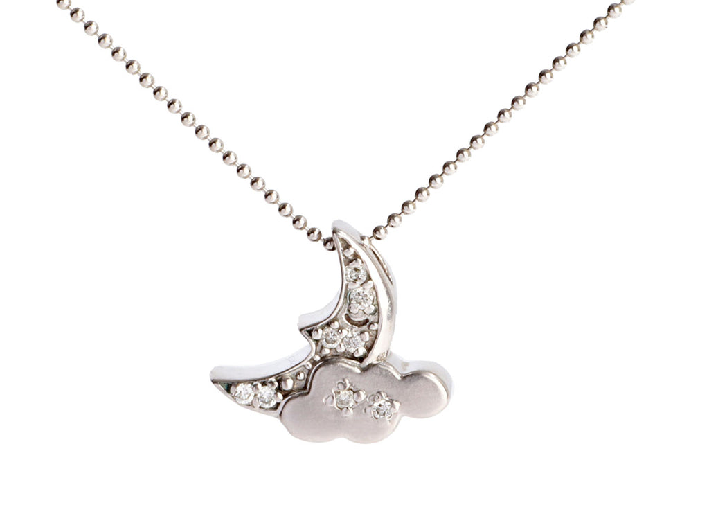 Alex Woo 14K White Gold Diamond Moon and Cloud Pendant Necklace