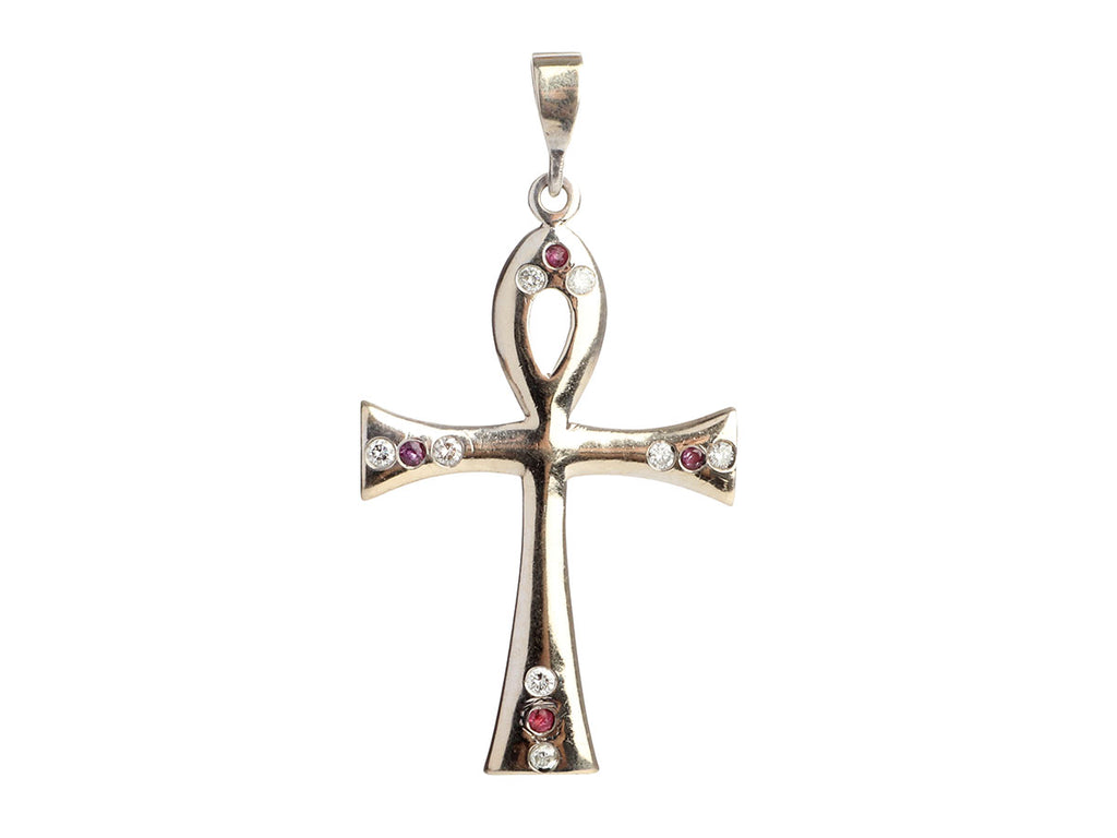 14K White Gold Ruby and Diamond Ankh Pendant