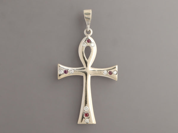 14K White Gold Ruby and Diamond Ankh Pendant