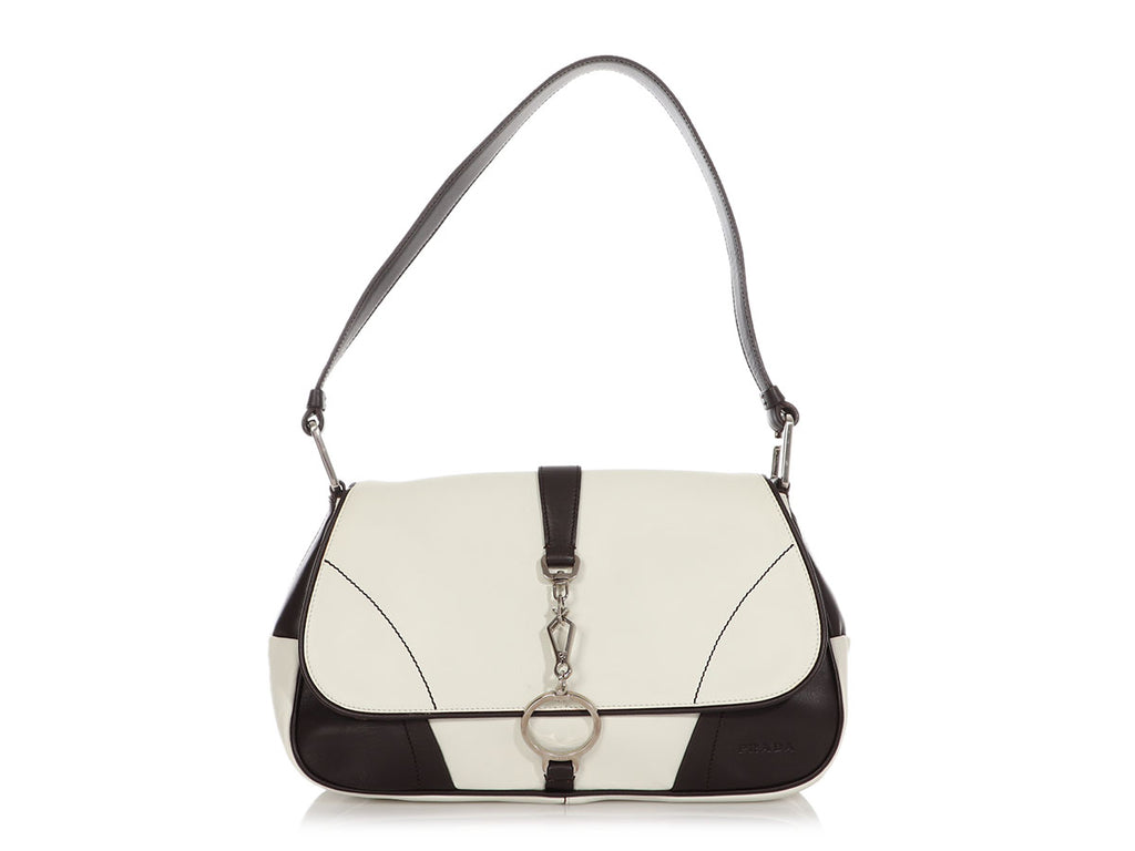 Prada White and Brown Vitello Soft Shoulder Bag