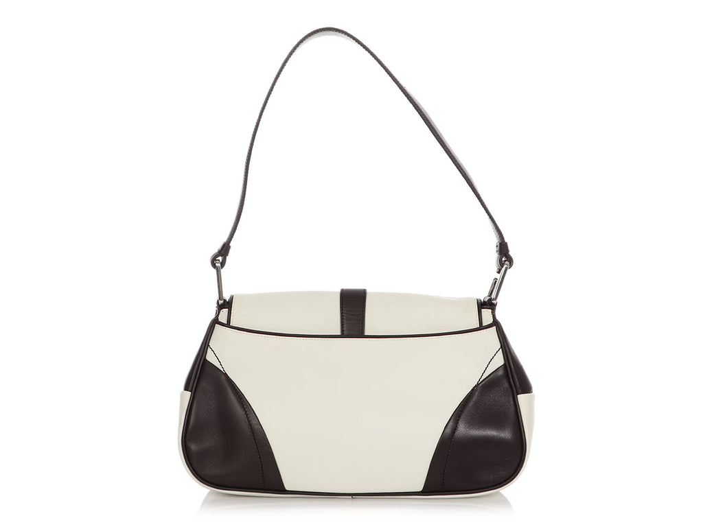 Prada White and Brown Vitello Soft Shoulder Bag