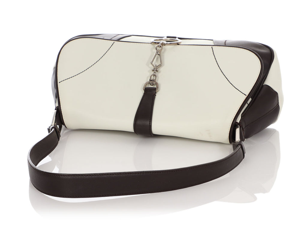 Prada White and Brown Vitello Soft Shoulder Bag