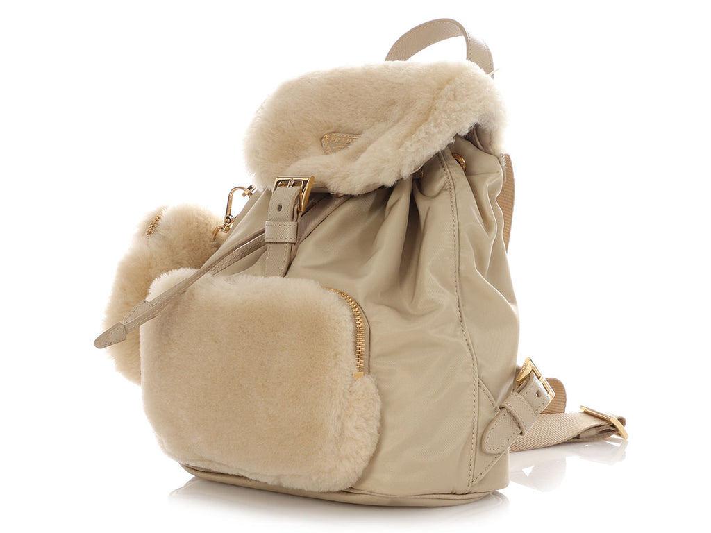 Prada Beige Re-Nylon and Shearling Backpack