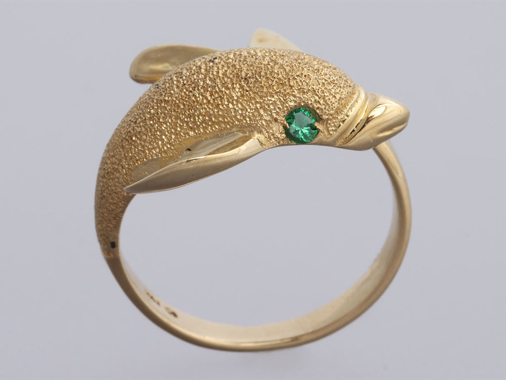 14K Gold Dolphin Ring with Emerald Eyes
