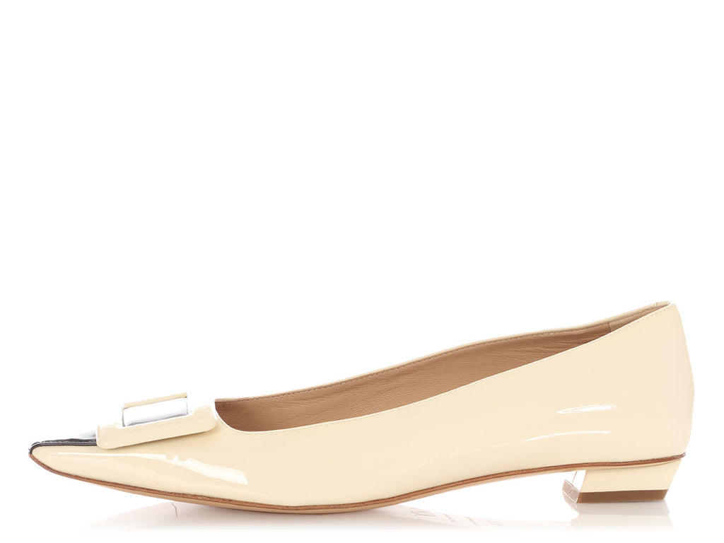 Roger Viver Cream and Black Patent Buckle Flats