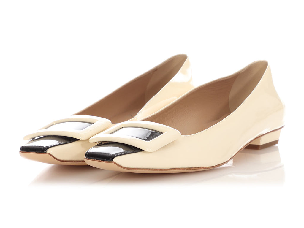 Roger Viver Cream and Black Patent Buckle Flats