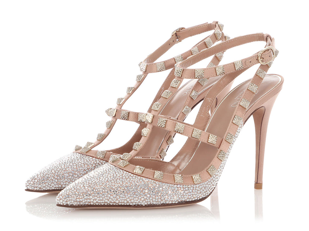 Valentino Champagne Silk Crystal Studded Rockstud T-Strap Pumps