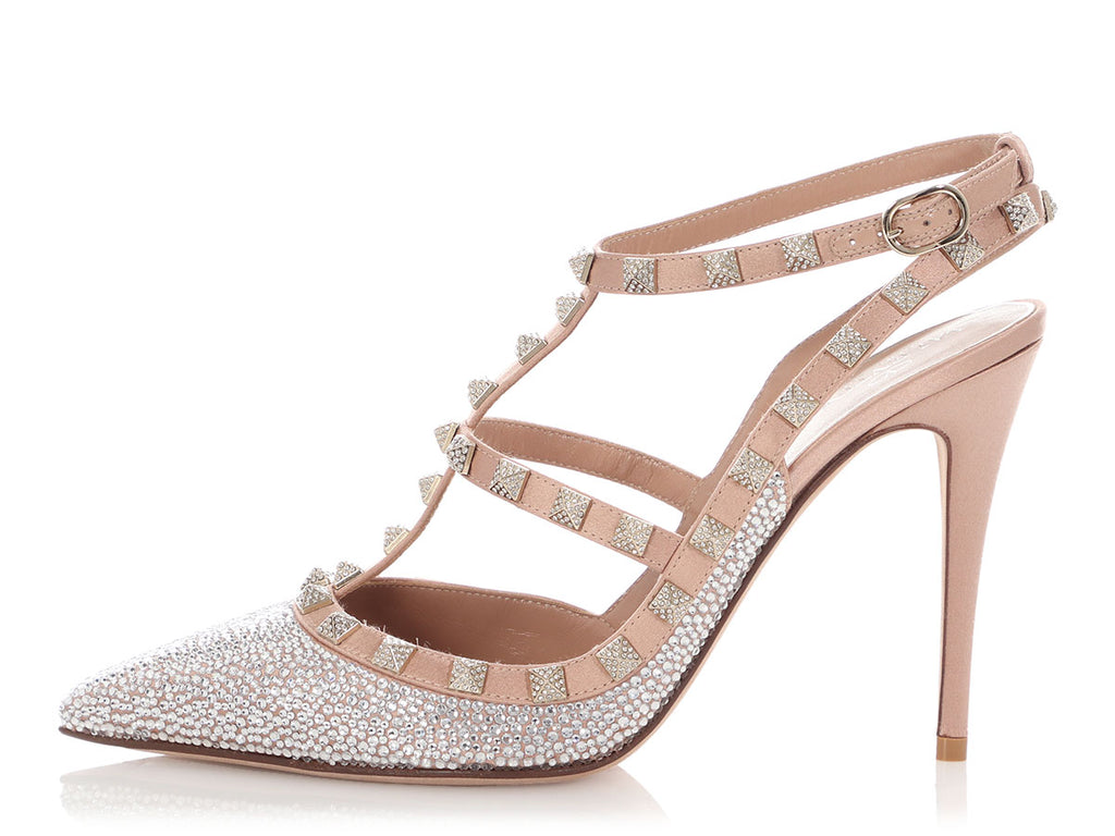 Valentino Champagne Silk Crystal Studded Rockstud T-Strap Pumps