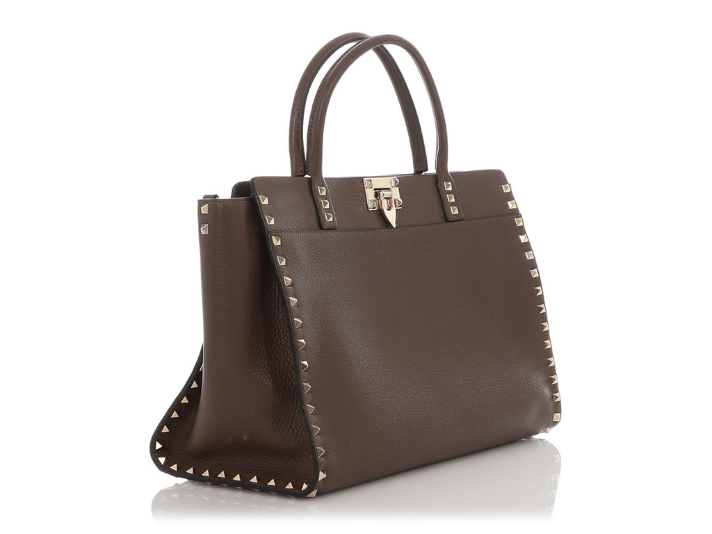 Valentino Medium Brown Rockstud Leather Tote