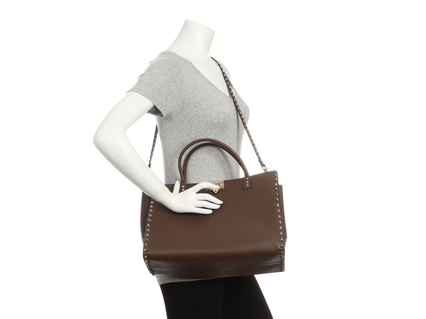 Valentino Medium Brown Rockstud Leather Tote