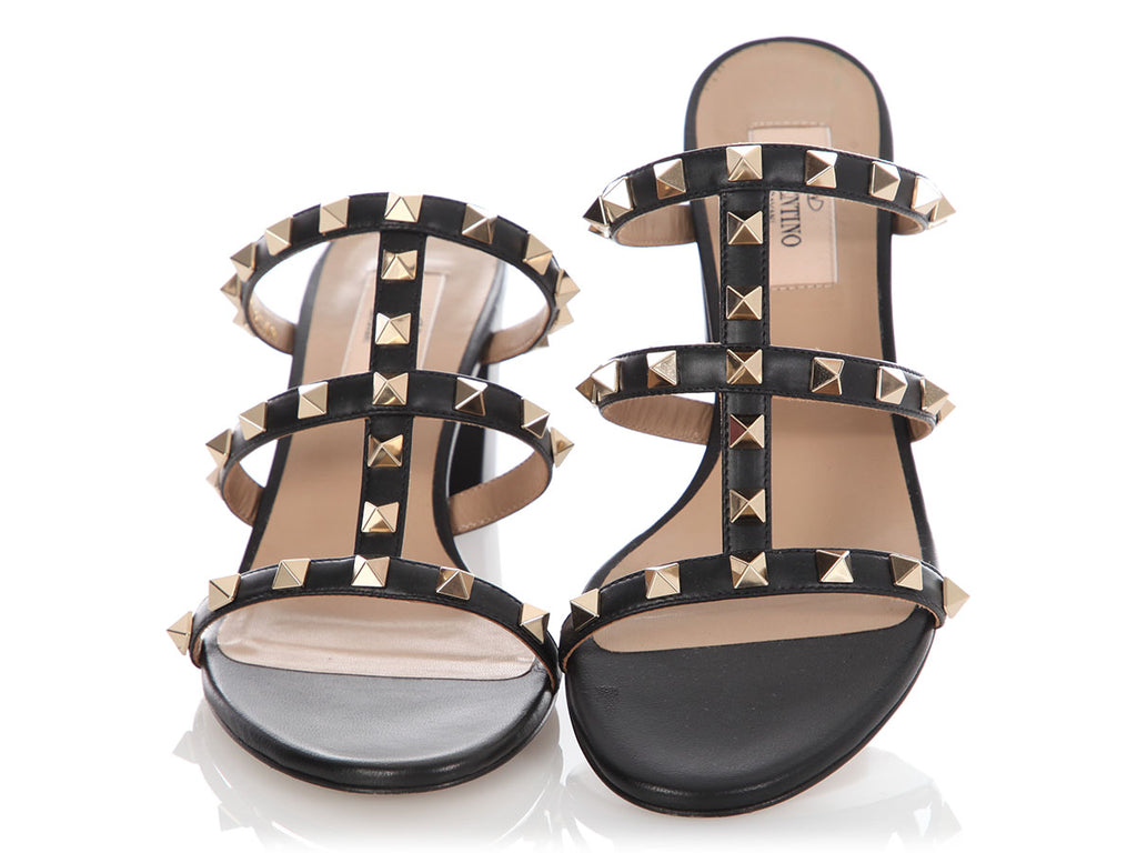 Valentino Black Leather Rockstud Slide Sandals 60