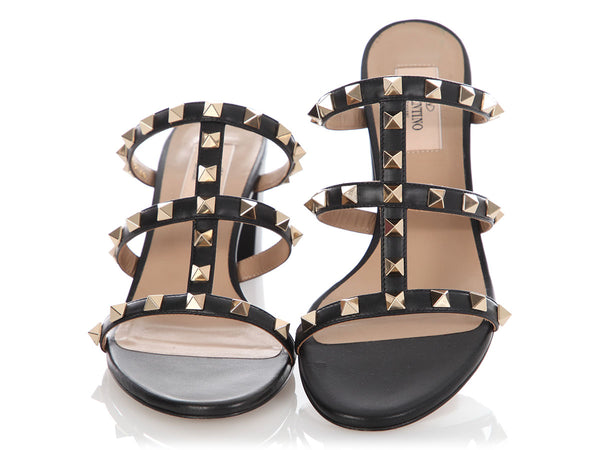 Valentino Black Leather Rockstud Slide Sandals 60