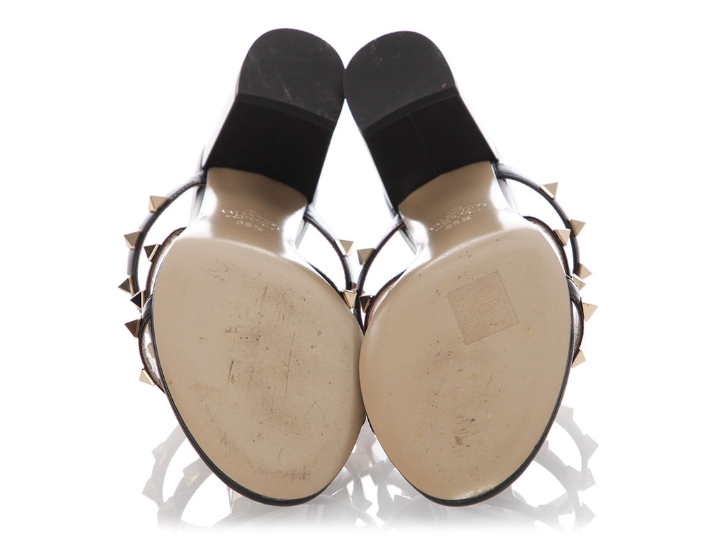 Valentino Black Leather Rockstud Slide Sandals 60