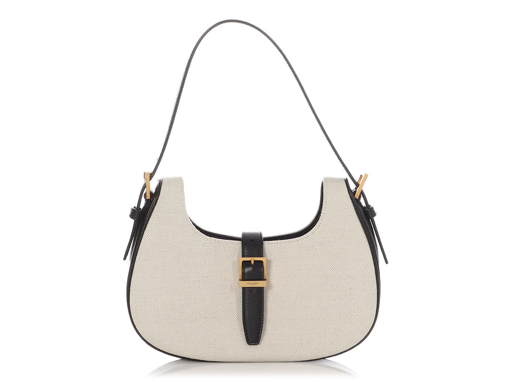 Saint Laurent White Linen and Black Calf Le Fermoir Shoulder Bag