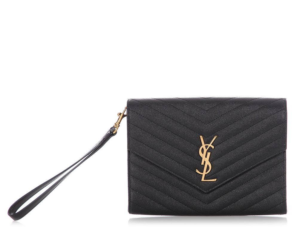 Saint Laurent Black Grain De Poudre Cassandre Matelassé Flap Pouch