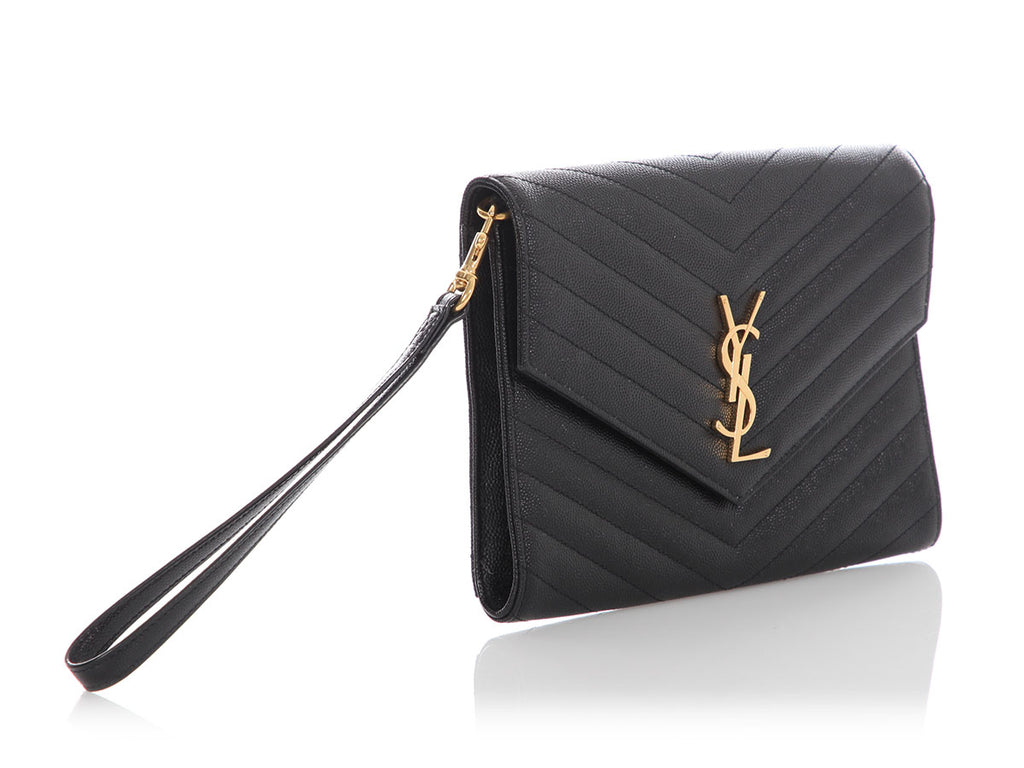 Saint Laurent Black Grain De Poudre Cassandre Matelassé Flap Pouch