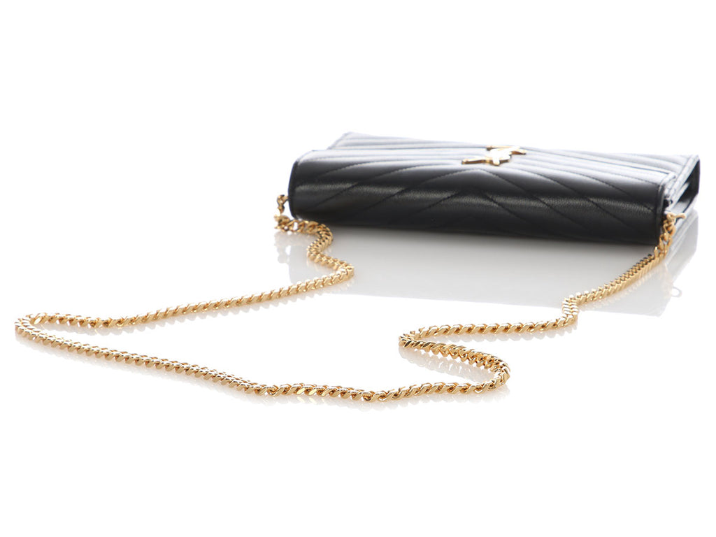 Saint Laurent Large Black Chevron Grain de Poudre Wallet on Chain