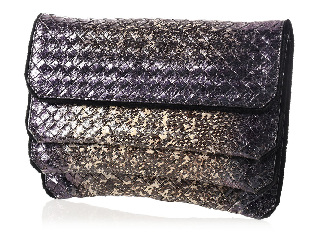 Bottega Veneta Iridescent Snakeskin Three-Flap Clutch