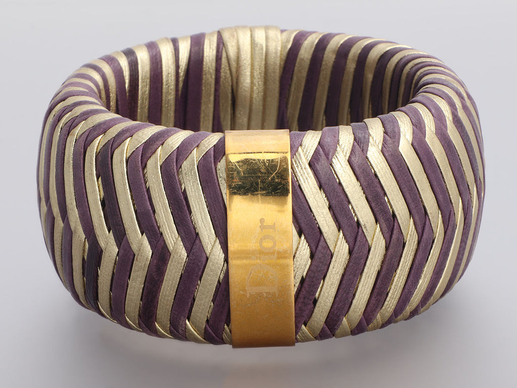Dior Vintage Wide Gold-Tone Purple and Gold Woven Leather Bangle