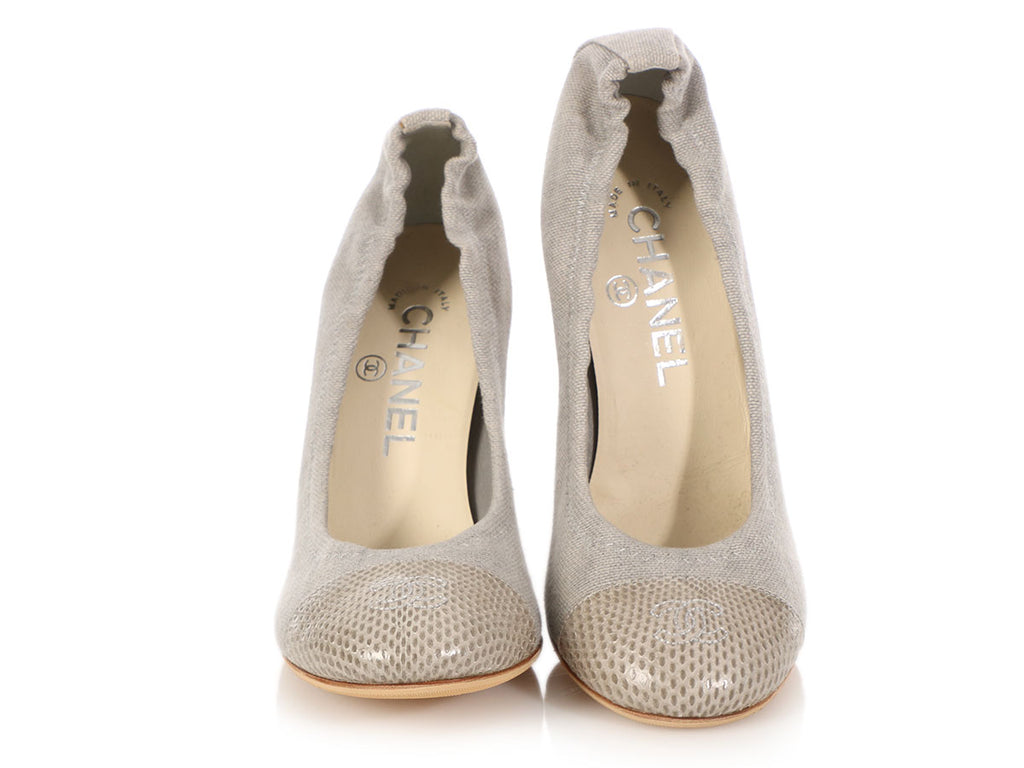 Chanel Gray Fabric and Snake Ballet Pumps