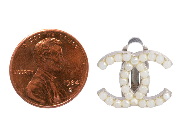 Chanel Silver-Tone Pearl Logo Clip-On Earrings