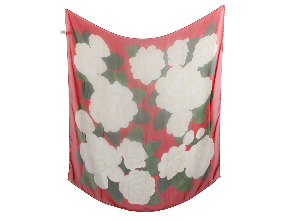 Chanel Red and White Floral Print Silk Scarf
