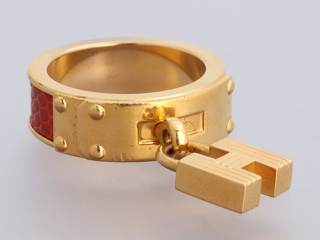 Hermès Gold and Red Lizard Cadenas Charm Scarf Ring