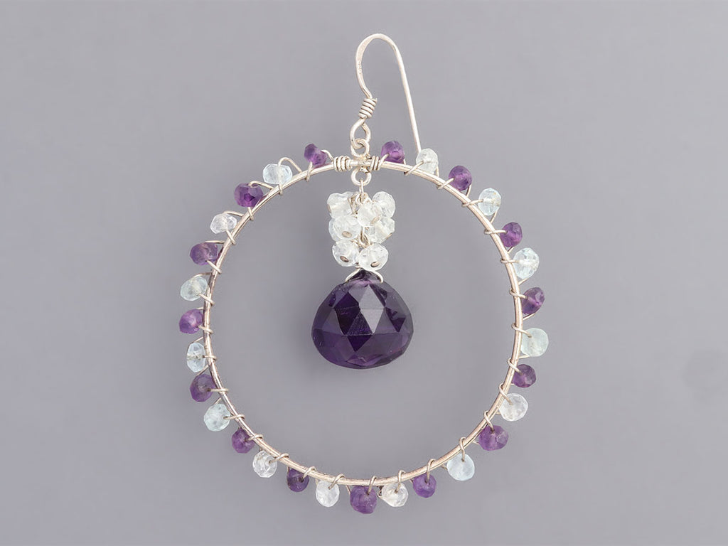 Inaya Sterling Silver Amethyst and Aquamarine Dangle Hoop Pierced Earrings