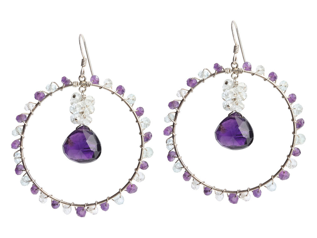 Inaya Sterling Silver Amethyst and Aquamarine Dangle Hoop Pierced Earrings