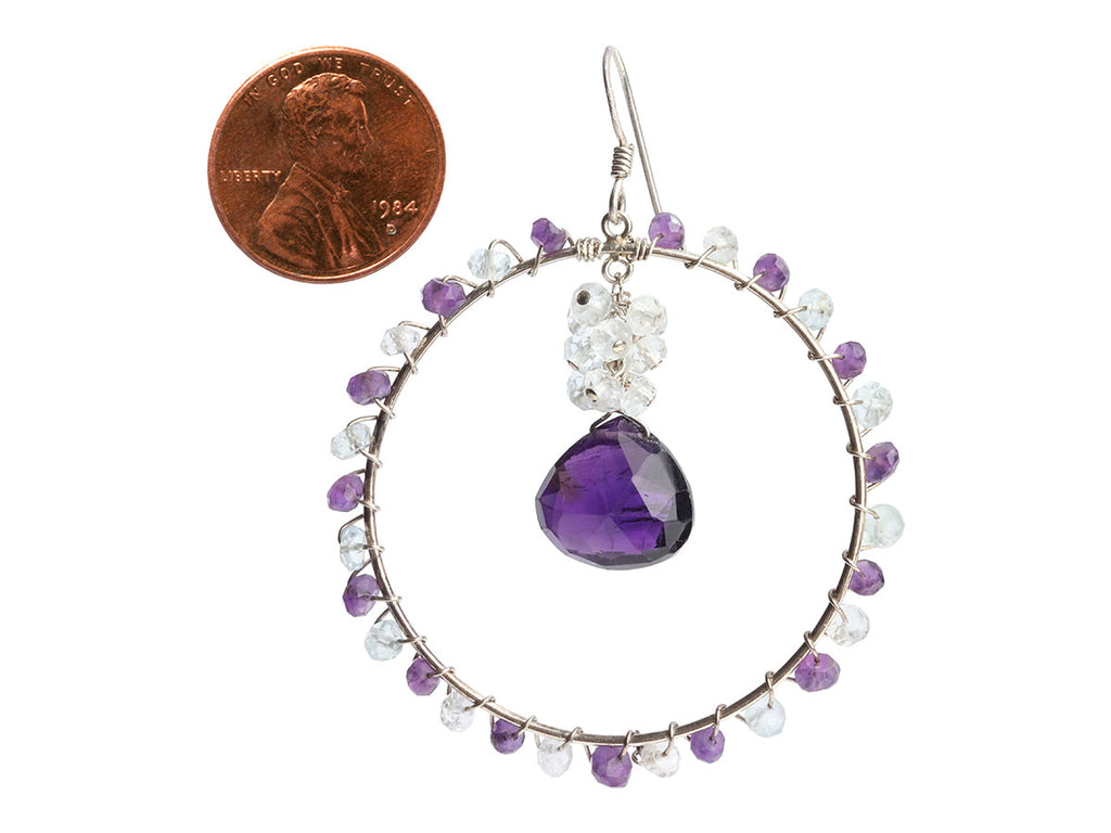 Inaya Sterling Silver Amethyst and Aquamarine Dangle Hoop Pierced Earrings