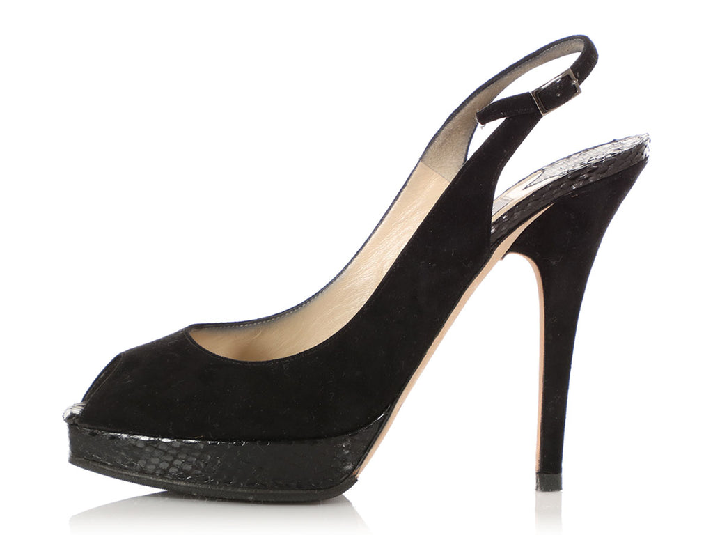 Jimmy Choo Black Suede and Snakeskin Slingbacks