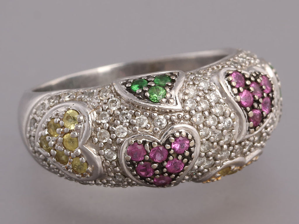 14K White Gold Diamond Multicolor Sapphire Hearts Ring