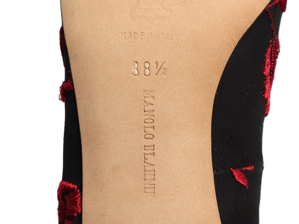 Manolo Blahnik Black Satin Embroidered Heels