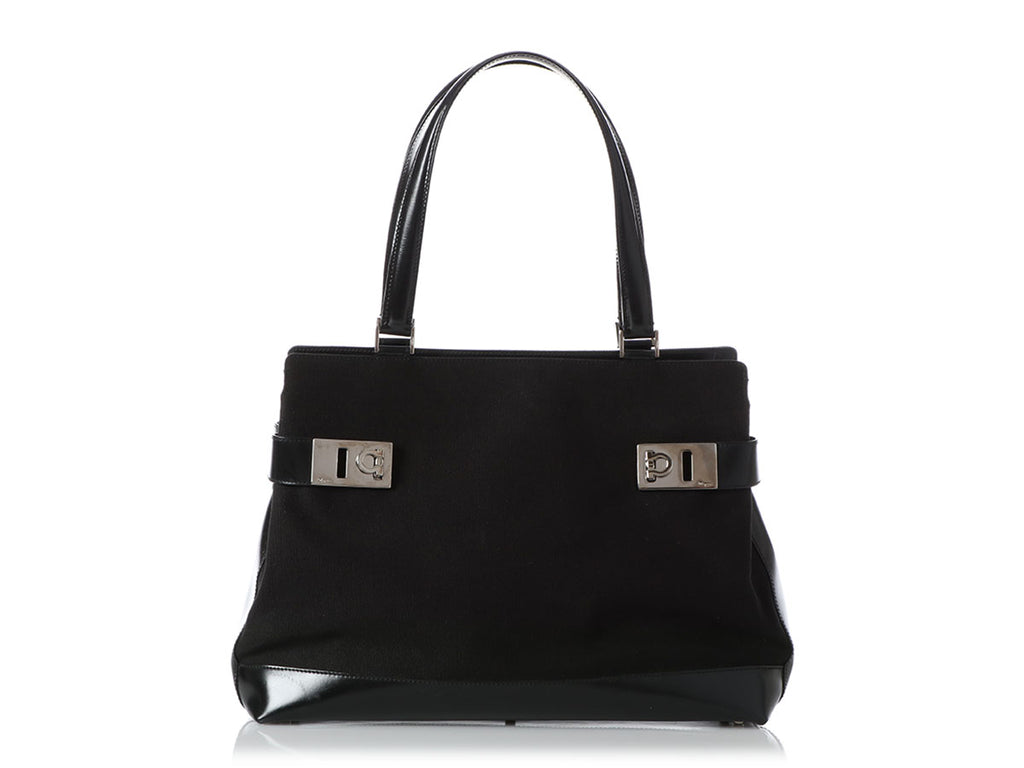 Ferragamo Black Canvas and Leather Top Handle