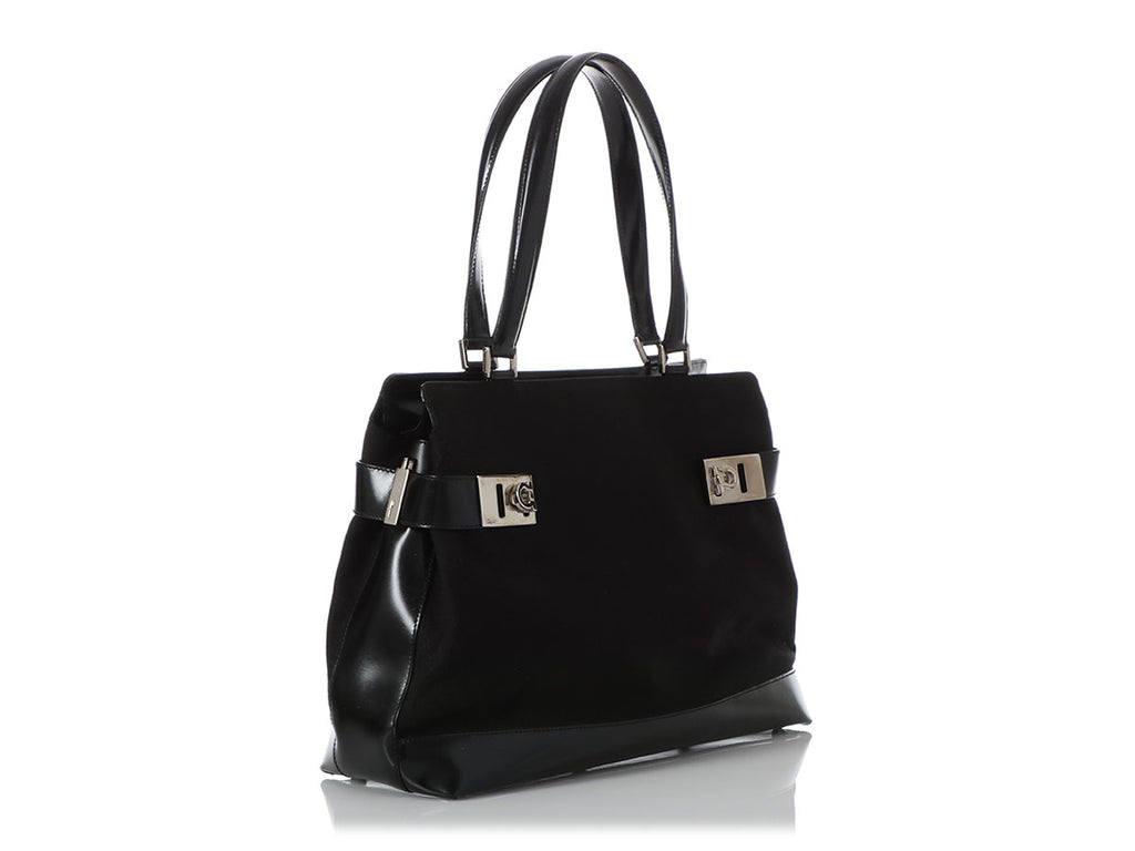 Ferragamo Black Canvas and Leather Top Handle