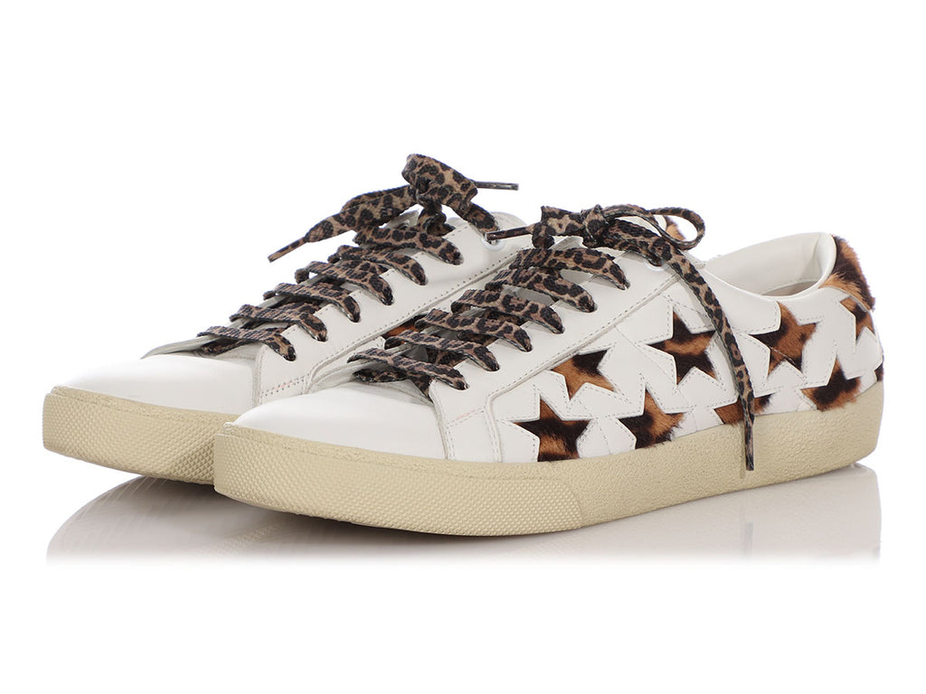 Saint Laurent White Leather and Pony Hair Star Court Sneakers